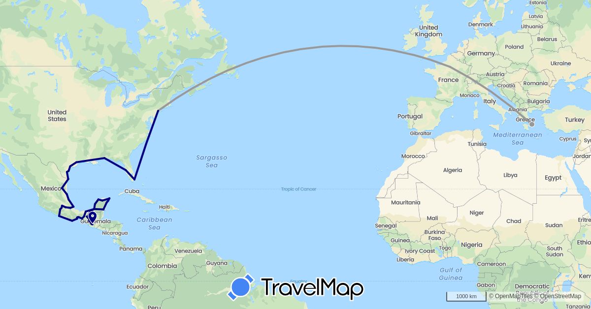 TravelMap itinerary: driving, plane in France, Greece, Guatemala, Mexico, United States (Europe, North America)